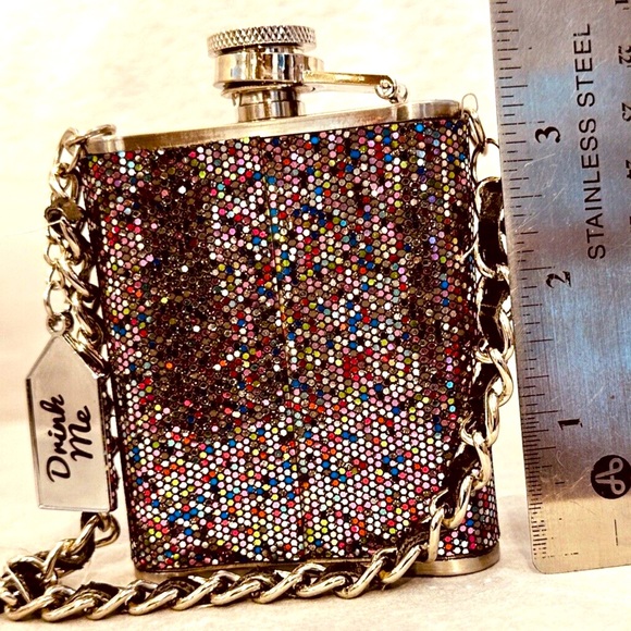 Stainless Steal Sequined Metal Flask With Chain By Wild Eye Designs 3.5" - Picture 5 of 10